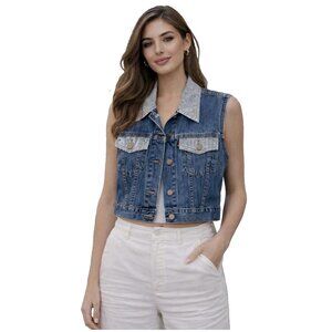Levi's Classic Blue Wash Sleeveless Denim Crop Jacket Vest Sz L
